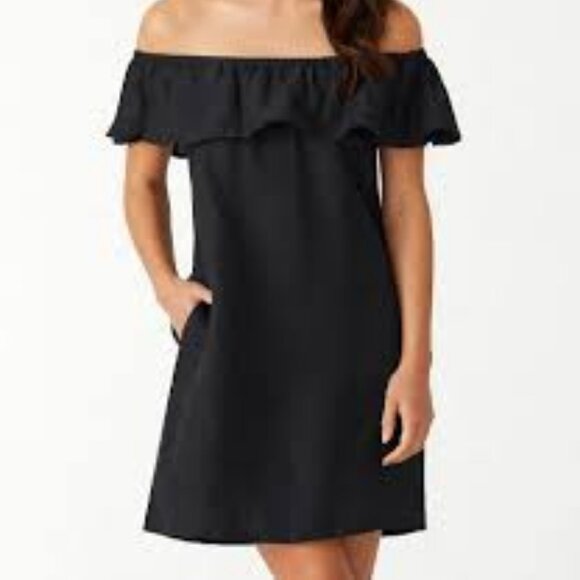 NWT! Tommy Bahama Black Linen Off Shoulder Ruffle Swimsuit Cover Up Dress NEW! - Picture 1 of 3
